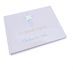 Personalised Communion Blue Ornate Cross Design Guest Book