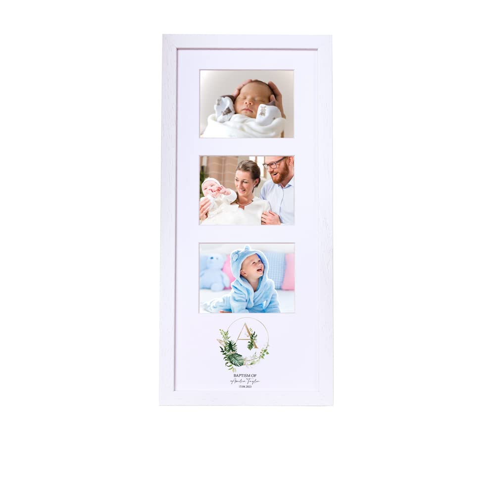 Personalised Baptism Triple Photo Frame With Natural Leaves