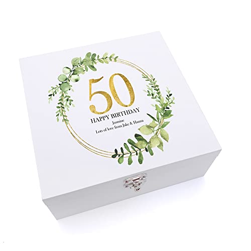 ukgiftstoreonline Personalised 50th Birthday Gift for her Keepsake Wooden Box Gold Wreath