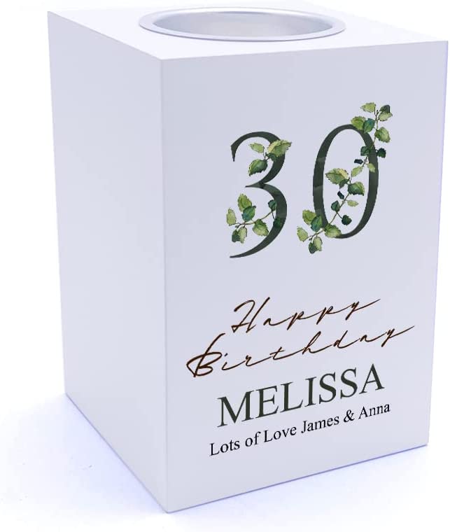 Personalised 30th Birthday Green Leaf Design Gift Tea Light Holder