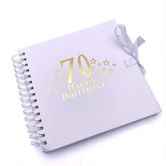 70th Birthday White Scrapbook, Guest Book Or Photo Album with Gold Script