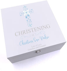 ukgiftstoreonline Personalised Christening Blue Ornate Cross Design Keepsake Wooden Box