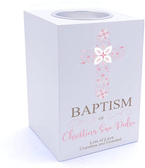 Personalised Baptism Ornate Cross Design Tea Light Holder