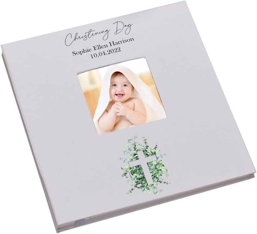 Personalised Christening Day Photo Album Linen Cover Leaf and Cross Design