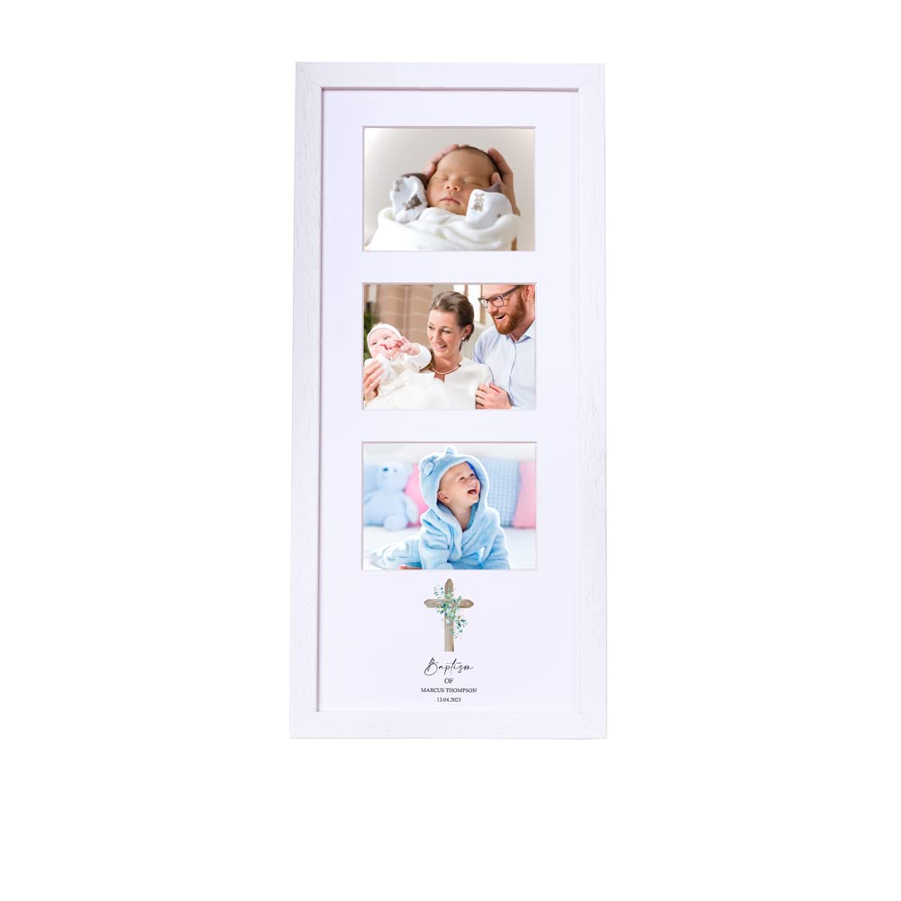 Personalised Baptism Triple Photo Frame With Natural Cross