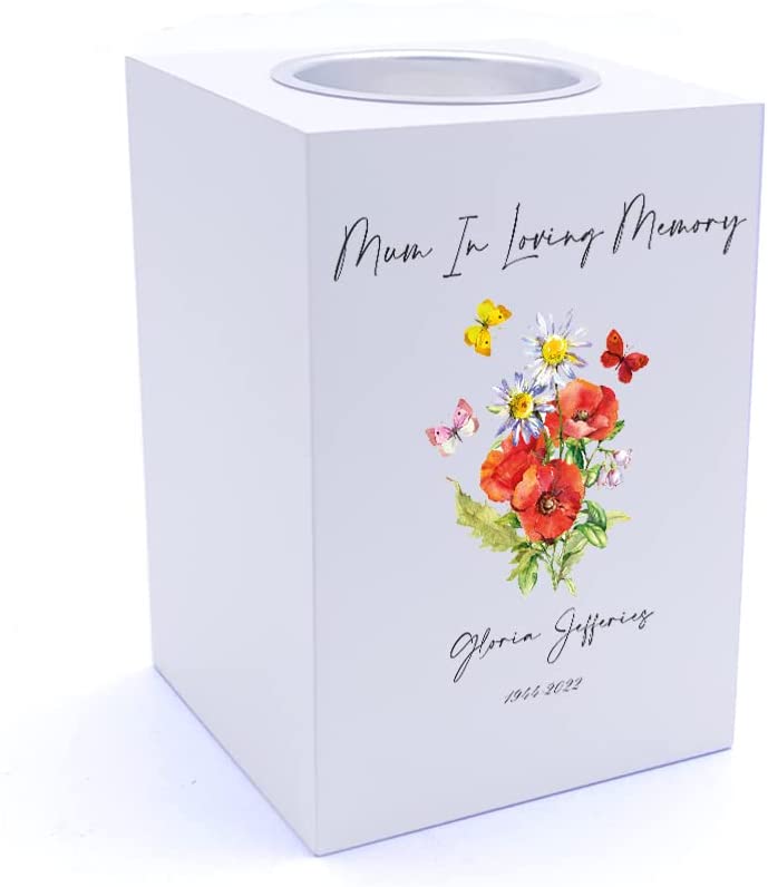 Personalised Mum Remembrance Memorial Tea Light Butterflies & Flowers
