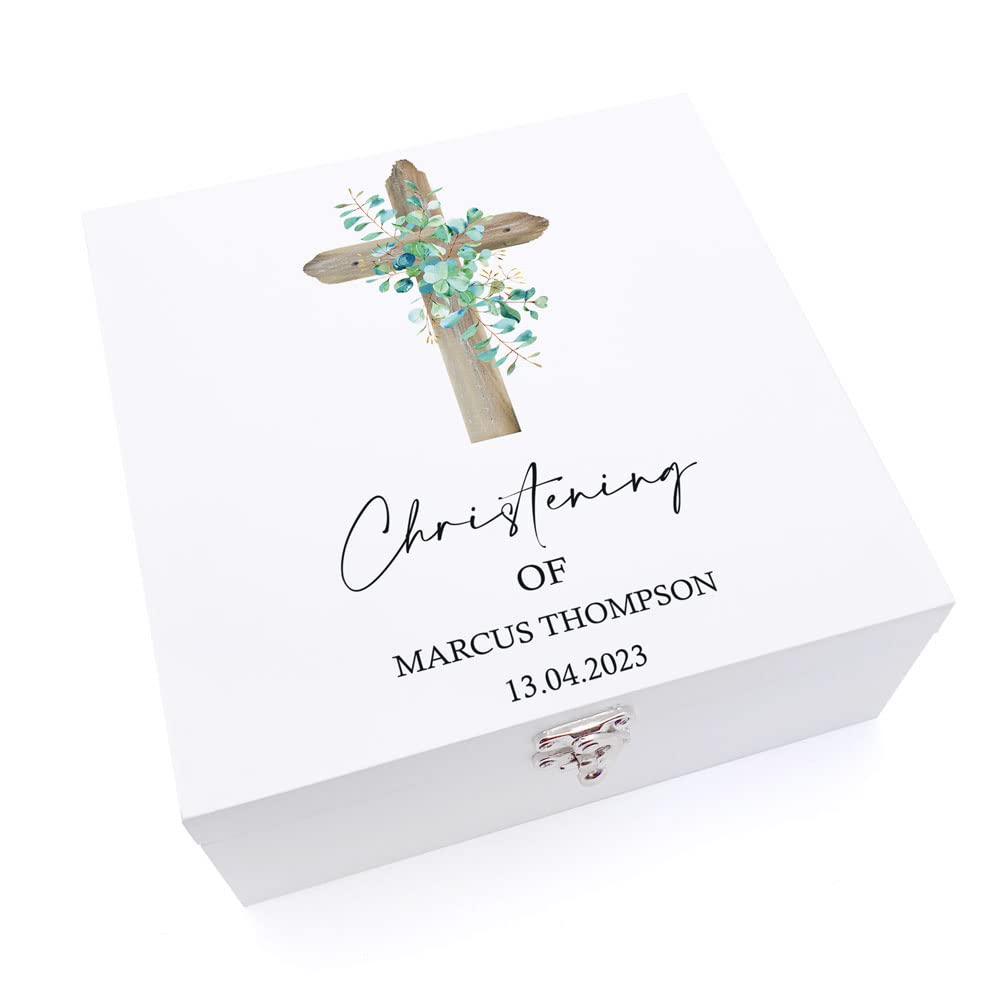 ukgiftstoreonline Personalised Christening Gift Wooden Keepsake Memory Box Natural Cross