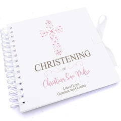Personalised Christening Pink Ornate Cross Design Scrapbook Photo Album