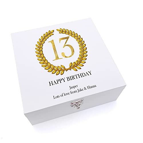 ukgiftstoreonline Personalised 13th Birthday Gift for Him Keepsake Wooden Box Gold Wreath Design