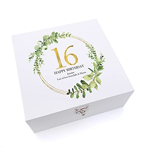 ukgiftstoreonline Personalised 16th Birthday Gift for her Keepsake Wooden Box Gold Wreath Design