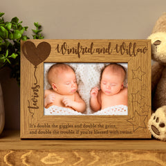 Personalised Twins Balloon Design Wooden Photo Frame Gift - ukgiftstoreonline