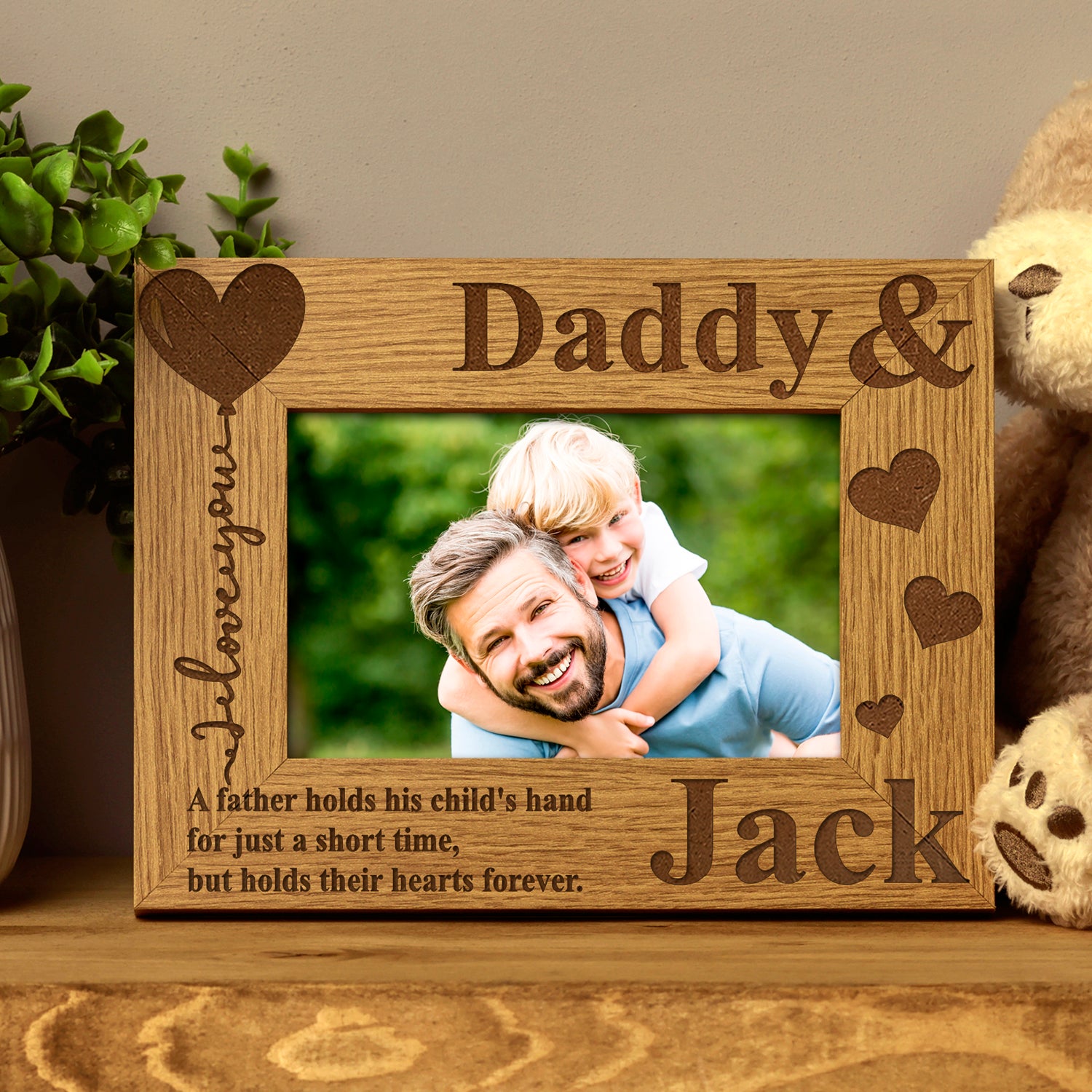 Personalised Daddy and Son or Daughter Heart Wooden Photo Frame Gift - ukgiftstoreonline