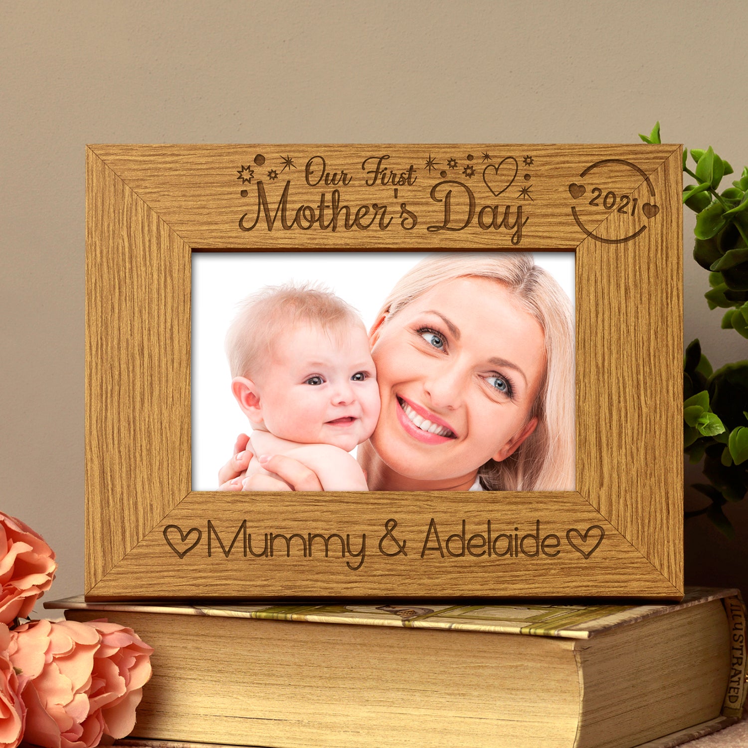 Personalised Our first Mothers Day Photo Frame Oak wood finish - ukgiftstoreonline