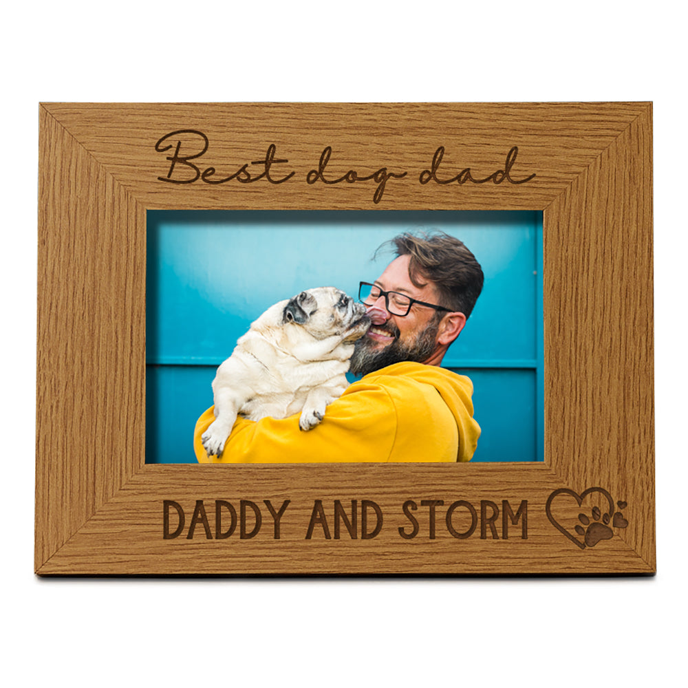 Personalised Best Dog Dad Photo Frame Gift Oak Wood Finish