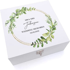 ukgiftstoreonline Personalised Wedding Keepsake Large Wooden Box Eucalyptus & Gold Wreath