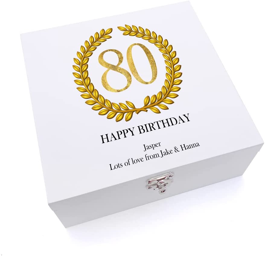 ukgiftstoreonline Personalised 80th Birthday Gift for Him Keepsake Wooden Box Gold Wreath Design