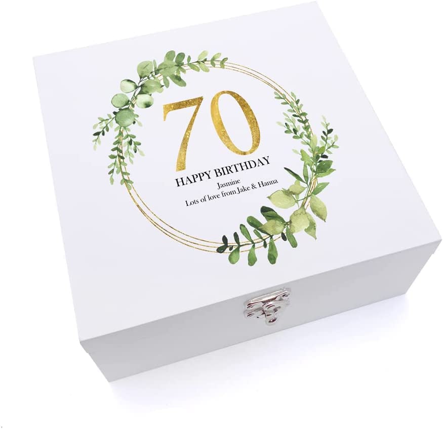ukgiftstoreonline Personalised 70th Birthday Gift for her Keepsake Large Wooden Box Gold Wreath