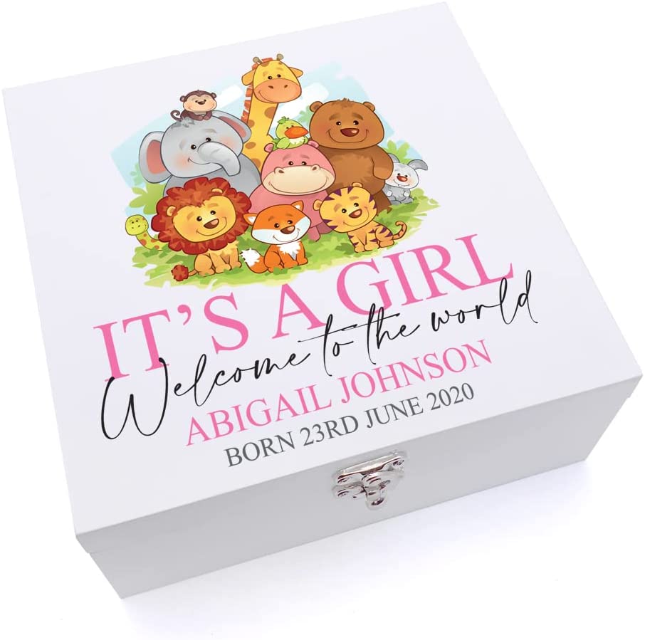 Personalised Cute Baby Girl Keepsake Wooden Box Gift Jungle Animal Theme