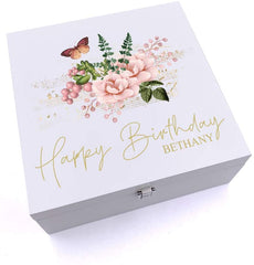 ukgiftstoreonline Personalised Luxury Wooden Birthday Keepsake Box With Flowers and Butterflies