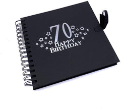 70th Birthday Black Scrapbook, Guest Book Or Photo Album with Silver Script