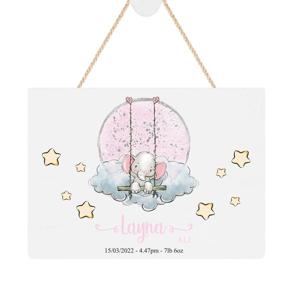 ukgiftstoreonline Personalised Baby Girl Plaque Gift With elephant on Swing