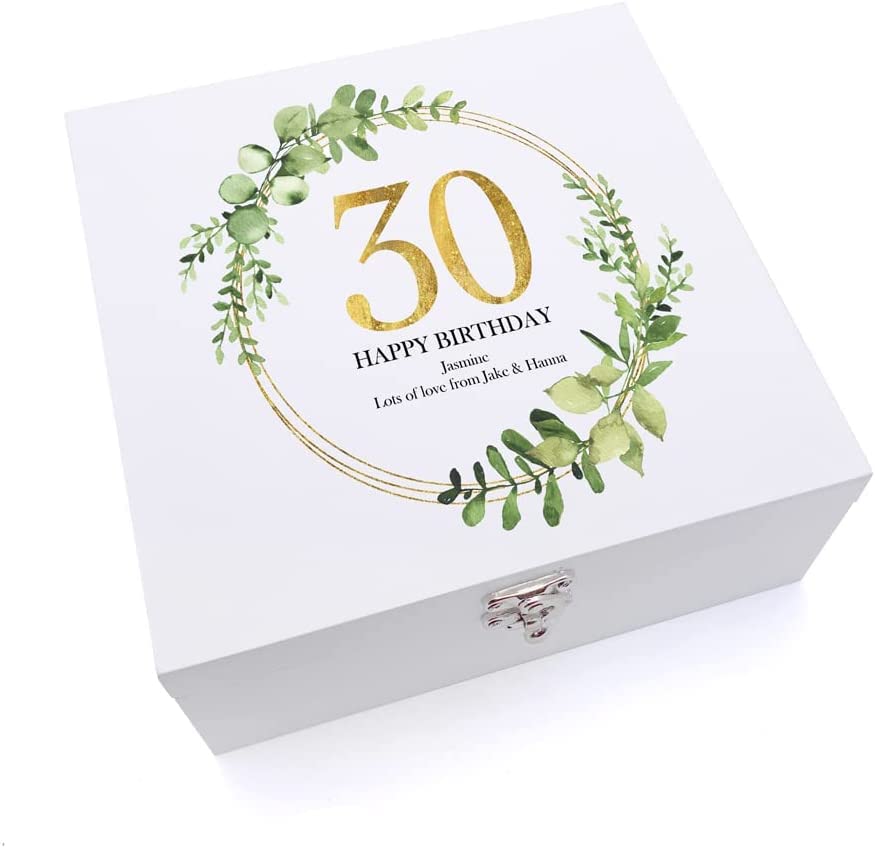 ukgiftstoreonline Personalised 30th Birthday Gift for her Keepsake Large Wooden Box Gold Wreath Design
