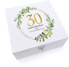 ukgiftstoreonline Personalised 30th Birthday Gift for her Keepsake Large Wooden Box Gold Wreath Design