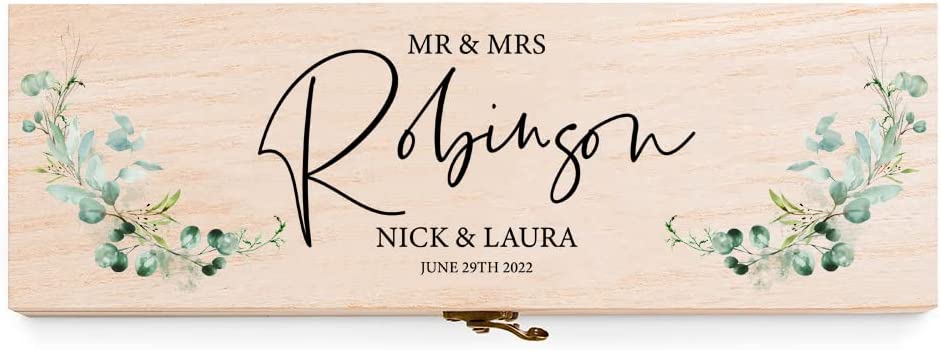 Personalised Wooden Wine or Champagne Box Wedding Keepsake Gift Eucalyptus Design