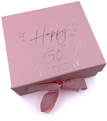 Pink 50th Birthday Keepsake Memory Box Gift With Silver Print