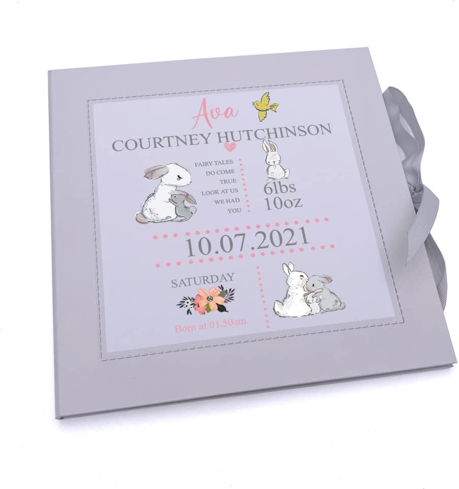 ukgiftstoreonline Personalised Baby Girl My First Year Keepsake Record Book With Rabbits