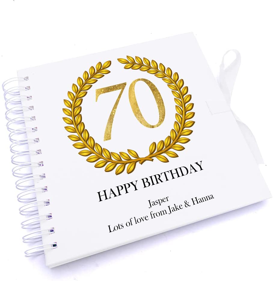 Personalised 70th Birthday Gift for Him Scrapbook Photo Album Gold Wreath Design