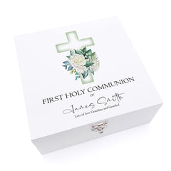 ukgiftstoreonline Personalised First Holy Communion Wooden Keepsake Memory Box Green Cross