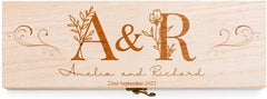 Personalised Wedding or Anniversary Wooden Wine or Champagne Gift Box With Floral Initials