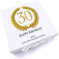 Personalised 30th Birthday Gift for him Keepsake Memory Box Gold Wreath Design