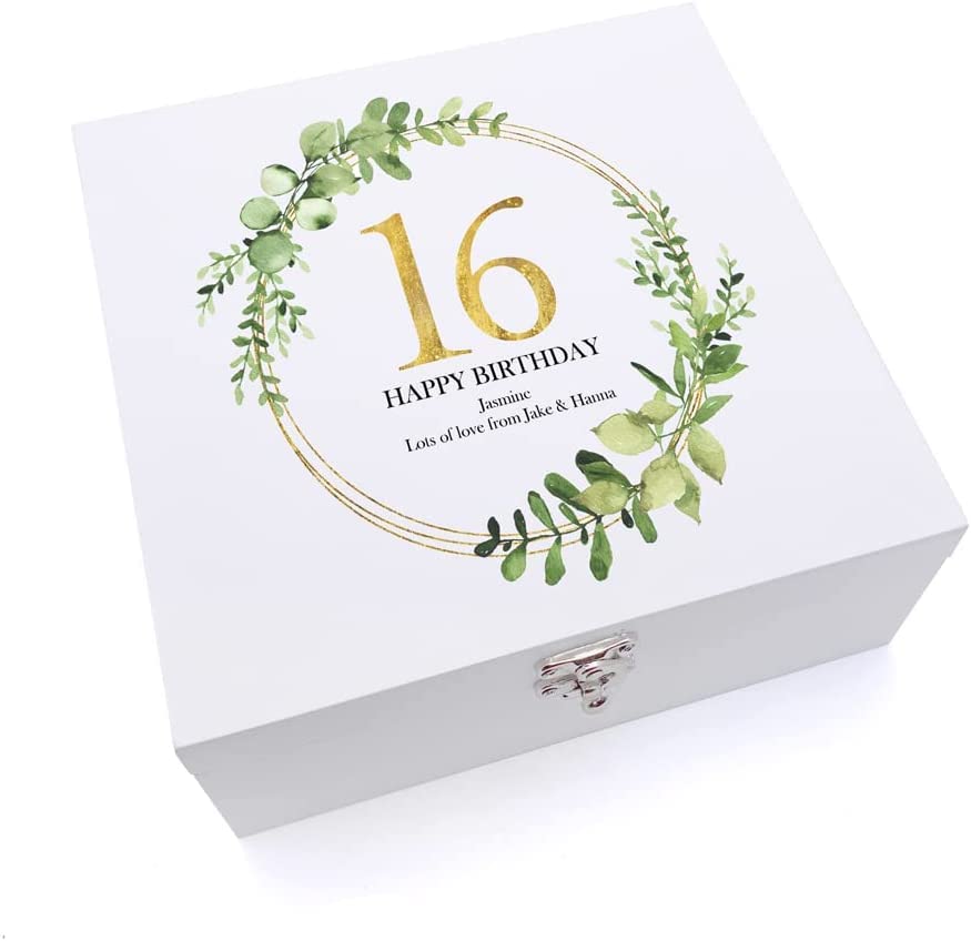 ukgiftstoreonline Personalised 16th Birthday Gift for her Keepsake Large Wooden Box Gold Wreath