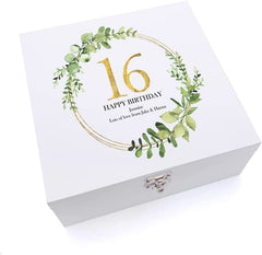 ukgiftstoreonline Personalised 16th Birthday Gift for her Keepsake Large Wooden Box Gold Wreath