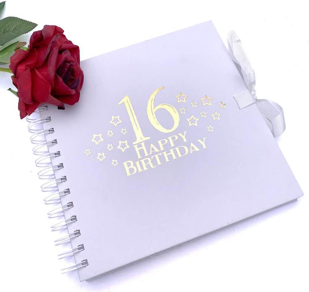 16th Birthday White Scrapbook, Guest Book Or Photo Album with Gold Script - ukgiftstoreonline