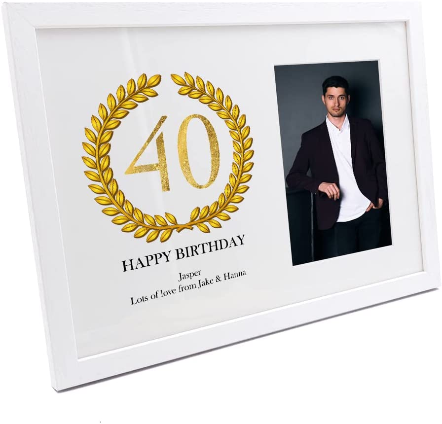 Personalised 40th Birthday Gift for Him Photo Frame Gold Wreath Design