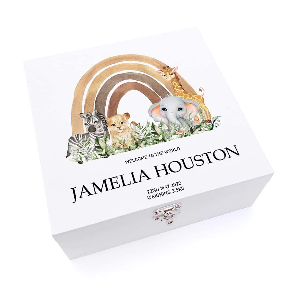 ukgiftstoreonline Personalised Jungle Safari Themed Baby Keepsake Large Wooden Gift Box