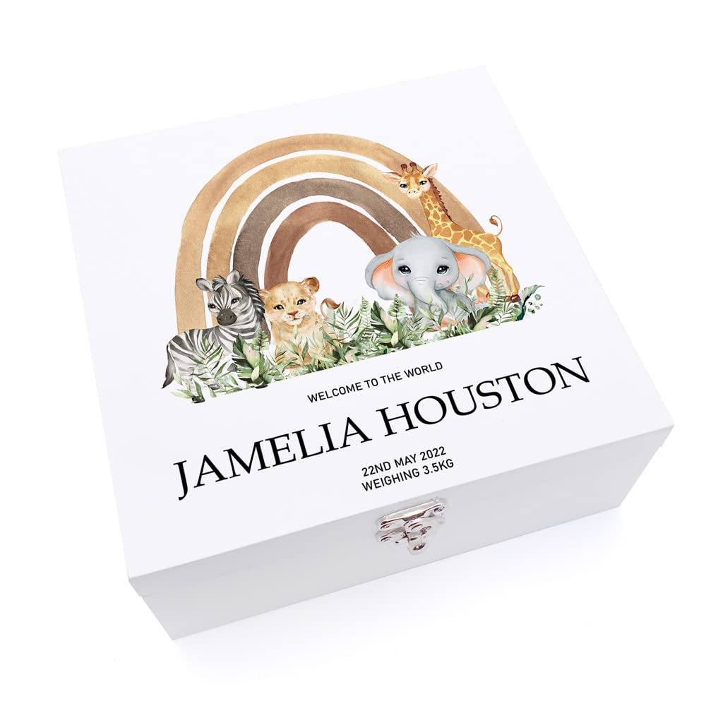 ukgiftstoreonline Personalised Jungle Safari Themed Baby Keepsake Large Wooden Gift Box