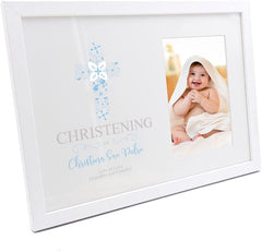 Personalised Christening Blue Ornate Cross Design Photo Frame