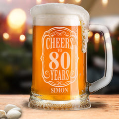 Cheers to 80 Years Birthday Gift Personalised Engraved Glass Beer Tankard