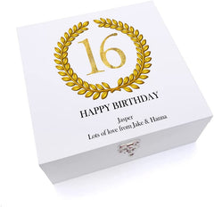 ukgiftstoreonline Personalised 16th Birthday Gift for Him Keepsake Wooden Box Gold Wreath Design