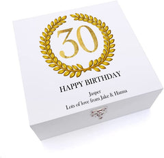 ukgiftstoreonline Personalised 30th Birthday Gift for Him Keepsake Wooden Box Gold Wreath Design