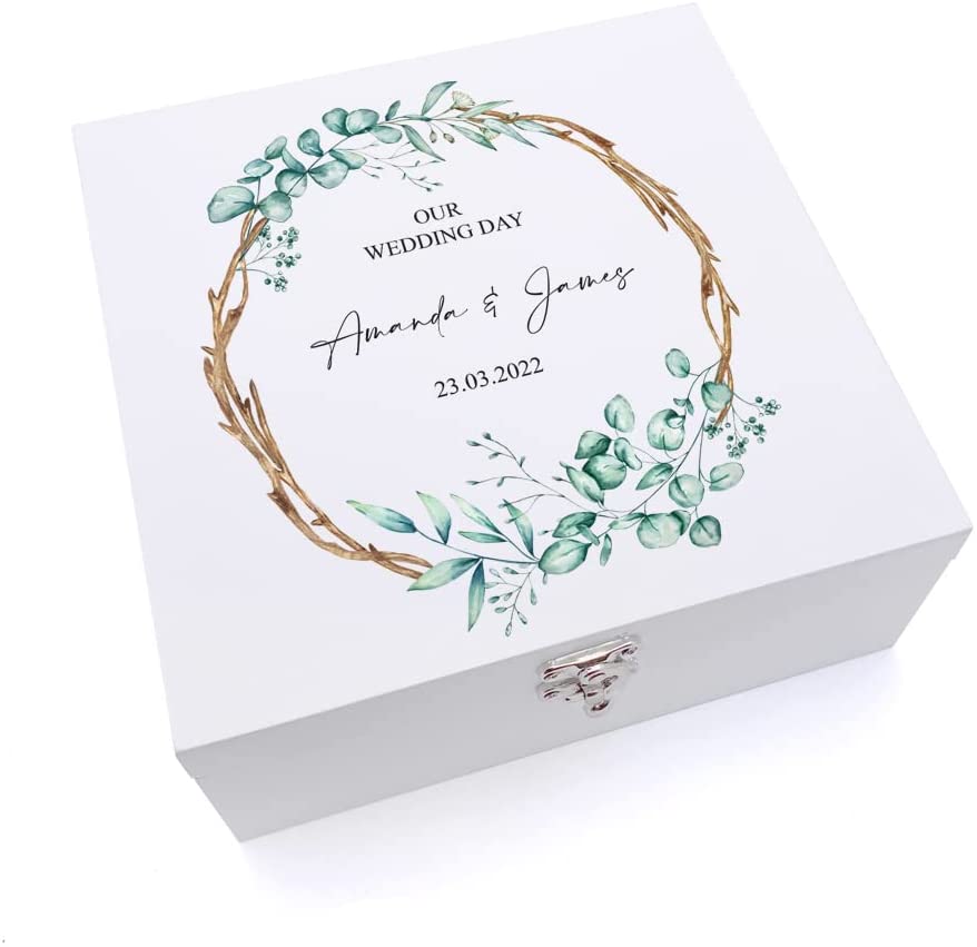 ukgiftstoreonline Personalised Wedding Keepsake Memories Wooden Box Gift Sticks and Leaves