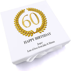Personalised 60th Birthday Gift for him Keepsake Memory Box Gold Wreath Design