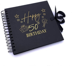 50th Birthday Black Scrapbook Photo Album with Gold Script Present Design