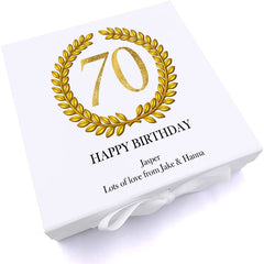 Personalised 70th Birthday Gift for him Keepsake Memory Box Gold Wreath Design
