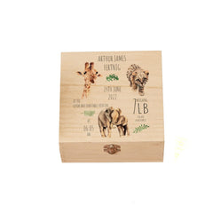 Personalised Safari Animal New Baby Wooden Box Gift