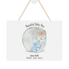 ukgiftstoreonline Personalised Beautiful Baby Boy Hanging Rope Plaque Nursery Elephants